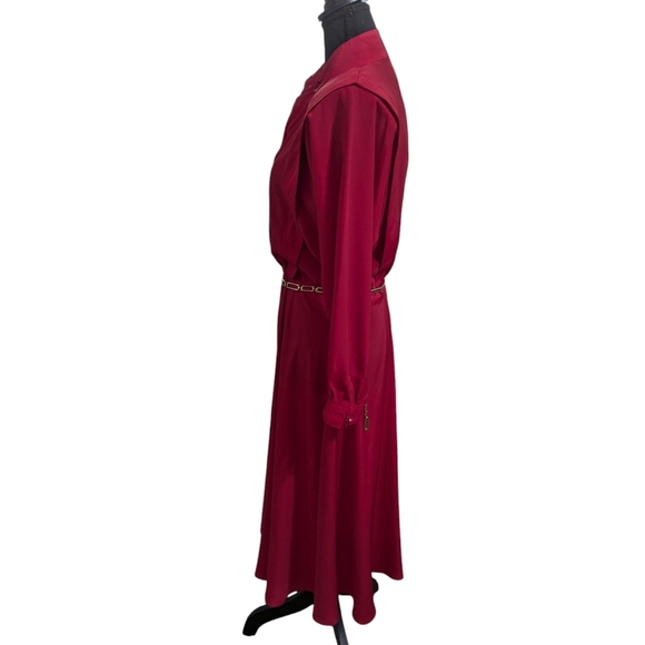 Vintage Alain Toussaint Red Midi Dress Long Sleeve Button Front Belted 6P - Picture 10 of 15